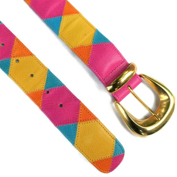 Vintage Accessories - Vintage Mod Belt Neon Geometric Color Block Wide Alden Howard Goldtone Buckle L